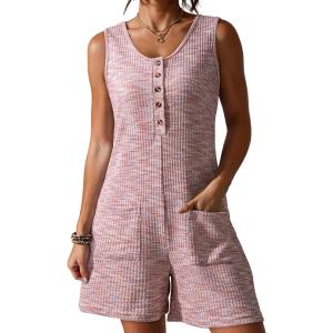 image:imageDokotoo Womens Casual Rompers Loose Waffle Knit Overalls One Piece Sleeveless Wide Leg Short Pant Jumpsuits With PocketsPink