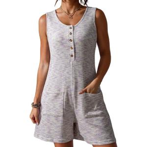 image:imageDokotoo Womens Casual Rompers Loose Waffle Knit Overalls One Piece Sleeveless Wide Leg Short Pant Jumpsuits With PocketsPurple