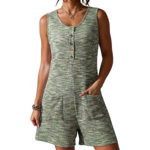 image:imageDokotoo Womens Casual Rompers Loose Waffle Knit Overalls One Piece Sleeveless Wide Leg Short Pant Jumpsuits With PocketsVineyard Green