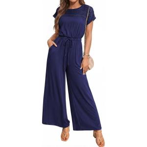 image:imageDokotoo Womens Dressy Casual Jumpsuits One Piece Outfits Drawstring Wide Leg Pants RompersNavy Blue