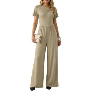 image:imageDokotoo Womens Dressy Casual One Piece Jumpsuits Short Sleeve Wide Leg Pants Rompers Vacation Summer OutfitsApricot