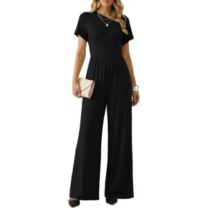 image:imageDokotoo Womens Dressy Casual One Piece Jumpsuits Short Sleeve Wide Leg Pants Rompers Vacation Summer OutfitsBlack