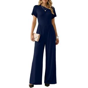 image:imageDokotoo Womens Dressy Casual One Piece Jumpsuits Short Sleeve Wide Leg Pants Rompers Vacation Summer OutfitsBlue