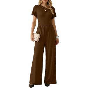 image:imageDokotoo Womens Dressy Casual One Piece Jumpsuits Short Sleeve Wide Leg Pants Rompers Vacation Summer OutfitsCoffee