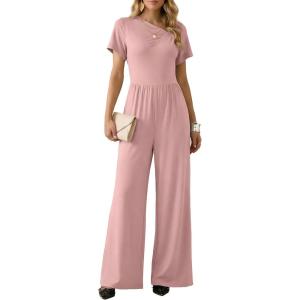 image:imageDokotoo Womens Dressy Casual One Piece Jumpsuits Short Sleeve Wide Leg Pants Rompers Vacation Summer OutfitsPink