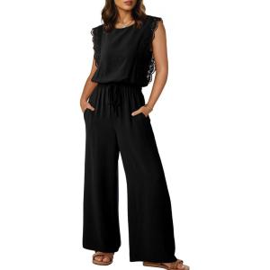 image:imageDokotoo Womens Jumpsuits Crewneck Lace Cap Sleeve Drawstring High Waist Wide Leg Casual Rompers with PocketsBlack