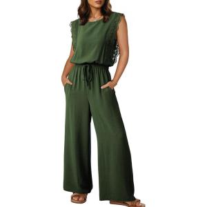image:imageDokotoo Womens Jumpsuits Crewneck Lace Cap Sleeve Drawstring High Waist Wide Leg Casual Rompers with PocketsGreen