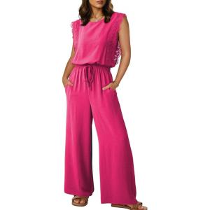 image:imageDokotoo Womens Jumpsuits Crewneck Lace Cap Sleeve Drawstring High Waist Wide Leg Casual Rompers with PocketsRose Red