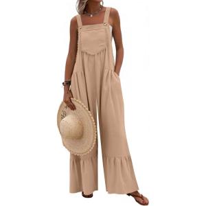 image:imageDokotoo Womens Lace Casual Overalls Summer Jumpsuit Loose Baggy Wide Leg Ruffle Pants Rompers with PocketsKhaki