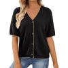 image:imageDokotoo Womens Summer Knit Tops 2026 Textured Button Down Shirts Casual V Neck Short Sleeve Cotton BlousesBlack