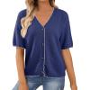 image:imageDokotoo Womens Summer Knit Tops 2026 Textured Button Down Shirts Casual V Neck Short Sleeve Cotton BlousesBlue