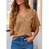 image:imageDokotoo Womens Summer Knit Tops 2026 Textured Button Down Shirts Casual V Neck Short Sleeve Cotton BlousesBrown