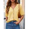 image:imageDokotoo Womens Summer Knit Tops 2026 Textured Button Down Shirts Casual V Neck Short Sleeve Cotton BlousesYellow