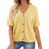 image:imageDokotoo Womens Summer Knit Tops 2026 Textured Button Down Shirts Casual V Neck Short Sleeve Cotton BlousesYellow