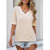 image:imageDokotoo Womens Summer Tops Scalloped V Neck Short Sleeve Sweater Lightweight Color Blocked Knit Business Casual TopApricot