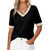 image:imageDokotoo Womens Summer Tops Scalloped V Neck Short Sleeve Sweater Lightweight Color Blocked Knit Business Casual TopBlack