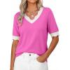 image:imageDokotoo Womens Summer Tops Scalloped V Neck Short Sleeve Sweater Lightweight Color Blocked Knit Business Casual TopBright Pink