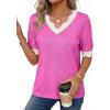 image:imageDokotoo Womens Summer Tops Scalloped V Neck Short Sleeve Sweater Lightweight Color Blocked Knit Business Casual TopBright Pink
