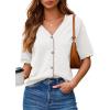 image:imageDokotoo Womens Summer Knit Tops 2026 Textured Button Down Shirts Casual V Neck Short Sleeve Cotton BlousesWhite