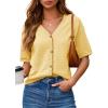image:imageDokotoo Womens Summer Knit Tops 2026 Textured Button Down Shirts Casual V Neck Short Sleeve Cotton BlousesYellow