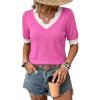 image:imageDokotoo Womens Summer Tops Scalloped V Neck Short Sleeve Sweater Lightweight Color Blocked Knit Business Casual TopBright Pink