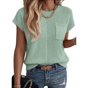 image:imageDokotoo Asymmetrical Summer Knit Tops for Women Sleeveless Crewneck T Shirts Casual Lightweight Blouses ShirtsBean Green