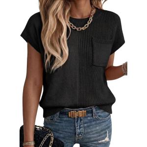 image:imageDokotoo Asymmetrical Summer Knit Tops for Women Sleeveless Crewneck T Shirts Casual Lightweight Blouses ShirtsBlack