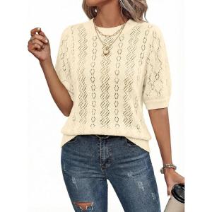 image:imageDokotoo Sweaters for Women Casual Crewneck Hollow Out Short Sleeve Shirts Loose Crochet Summer Tops BlousesApricot
