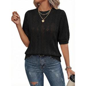 image:imageDokotoo Sweaters for Women Casual Crewneck Hollow Out Short Sleeve Shirts Loose Crochet Summer Tops BlousesBlack