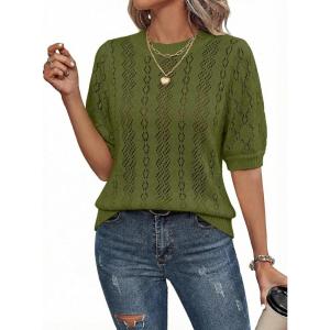 image:imageDokotoo Sweaters for Women Casual Crewneck Hollow Out Short Sleeve Shirts Loose Crochet Summer Tops BlousesGreen