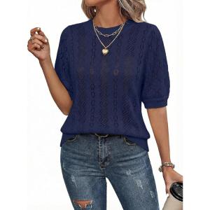 image:imageDokotoo Sweaters for Women Casual Crewneck Hollow Out Short Sleeve Shirts Loose Crochet Summer Tops BlousesNavy Blue