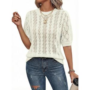 image:imageDokotoo Sweaters for Women Casual Crewneck Hollow Out Short Sleeve Shirts Loose Crochet Summer Tops BlousesWhite