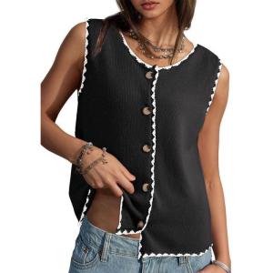 image:imageDokotoo Vest Tops for Women 2026 Button Up Color Block Casual Sweater Vests Trendy Spring Summer TopsBlack