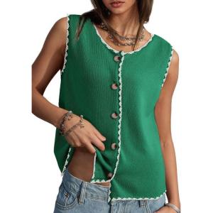 image:imageDokotoo Vest Tops for Women 2026 Button Up Color Block Casual Sweater Vests Trendy Spring Summer TopsGreen