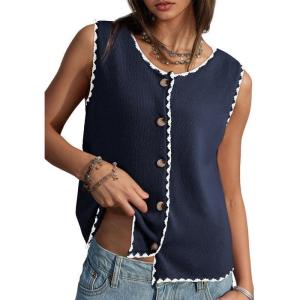 image:imageDokotoo Vest Tops for Women 2026 Button Up Color Block Casual Sweater Vests Trendy Spring Summer TopsNavy Blue