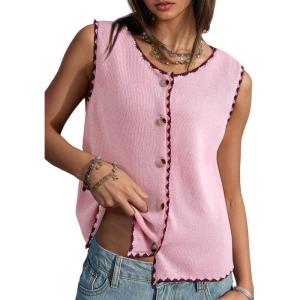 image:imageDokotoo Vest Tops for Women 2026 Button Up Color Block Casual Sweater Vests Trendy Spring Summer TopsPink