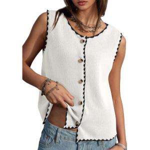 image:imageDokotoo Vest Tops for Women 2026 Button Up Color Block Casual Sweater Vests Trendy Spring Summer TopsWhite