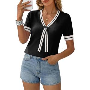 image:imageDokotoo Womens Lightweight Knit Top 2026 Chic V Neck Short Sleeve Sweater Cute Summer Tops Comfortable BlouseBlack
