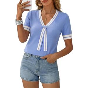image:imageDokotoo Womens Lightweight Knit Top 2026 Chic V Neck Short Sleeve Sweater Cute Summer Tops Comfortable BlouseBlue