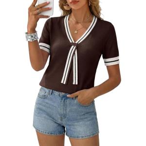 image:imageDokotoo Womens Lightweight Knit Top 2026 Chic V Neck Short Sleeve Sweater Cute Summer Tops Comfortable BlouseDark Brown