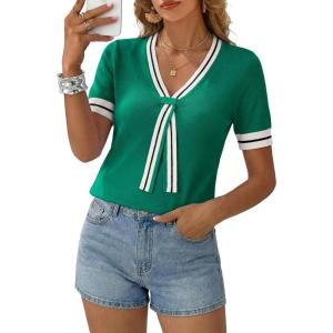 image:imageDokotoo Womens Lightweight Knit Top 2026 Chic V Neck Short Sleeve Sweater Cute Summer Tops Comfortable BlouseGreen