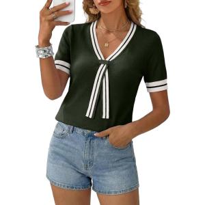 image:imageDokotoo Womens Lightweight Knit Top 2026 Chic V Neck Short Sleeve Sweater Cute Summer Tops Comfortable BlouseMoss Green