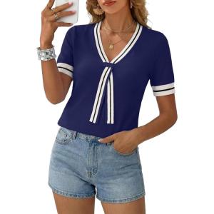 image:imageDokotoo Womens Lightweight Knit Top 2026 Chic V Neck Short Sleeve Sweater Cute Summer Tops Comfortable BlouseNavy Blue