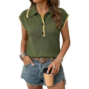 image:imageDokotoo Womens Short Sleeve Sweater Spring Summer Tops Button Collar Lightweight Knit Sweaters Vacation OutfitsGreen