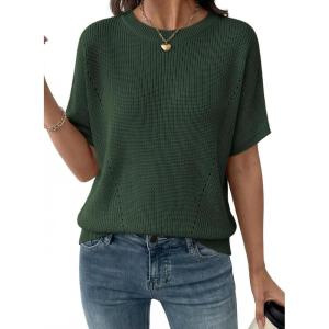 image:imageDokotoo Womens Short Sleeve Sweaters 2026 Summer Lightweight V Neck Pullover Tops Dressy Business Casual Blouses ClothesVineyard Green