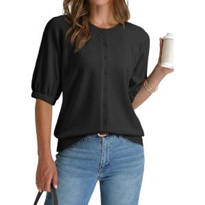 image:imageDokotoo Womens Summer Casual Puff Short Sleeve Cardigan Sweaters Lightweight Soft Crewneck Button Down Knit Sweater TopsBlack