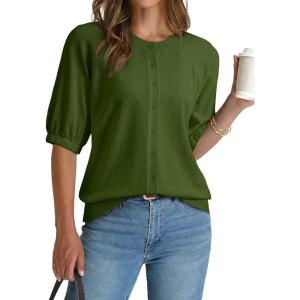 image:imageDokotoo Womens Summer Casual Puff Short Sleeve Cardigan Sweaters Lightweight Soft Crewneck Button Down Knit Sweater TopsGreen