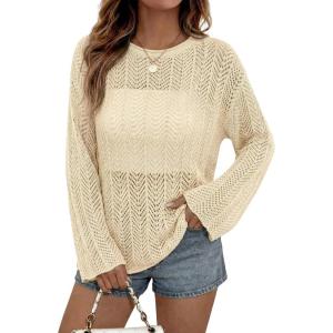 image:imageDokotoo Womens Summer Crochet Hollow Out Sweater Bell Sleeve Beach Coverup Casual Pullover Shirt Tops Vacation OutfitsBeige