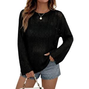 image:imageDokotoo Womens Summer Crochet Hollow Out Sweater Bell Sleeve Beach Coverup Casual Pullover Shirt Tops Vacation OutfitsBlack