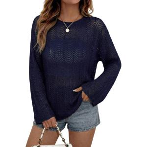 image:imageDokotoo Womens Summer Crochet Hollow Out Sweater Bell Sleeve Beach Coverup Casual Pullover Shirt Tops Vacation OutfitsNavy Blue